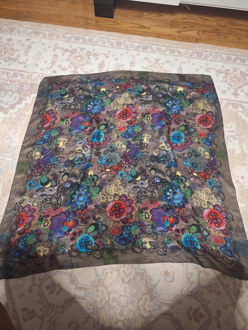 Jimmy Choo Multicolor Floral Paisley Scarf.Made In Italy 100%silk.35×35 Ins
